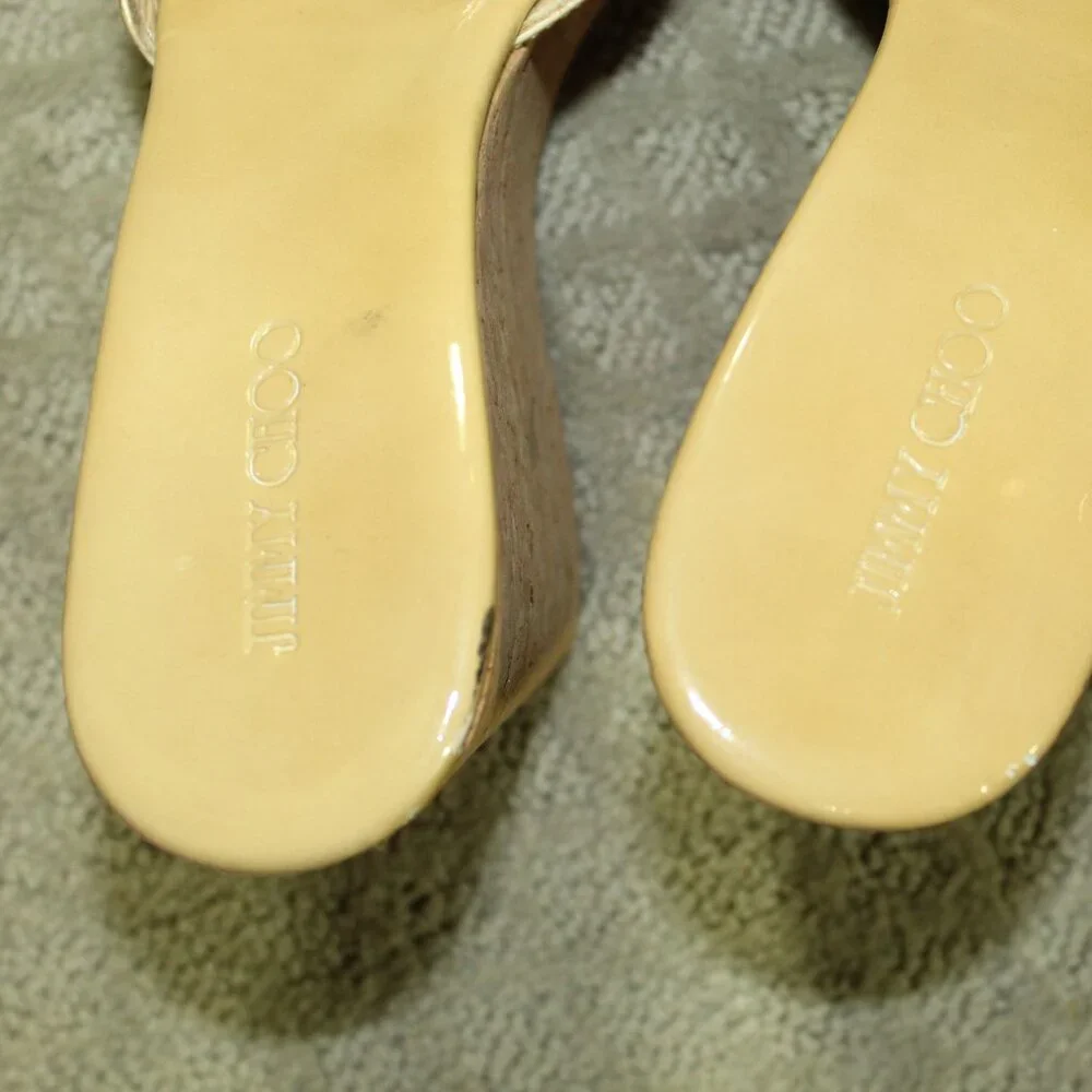 Jimmy Choo Women's 8.5 / 40 Platform Patent Leather Yellow Cork Wedge Heels